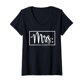 Womens Mrs. Est. 2025 Just Married Wedding Wife Mr & Mrs Gifts V-Neck T-Shirt