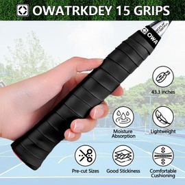 OWATRKDEY 15 Pack Tennis Racket Grip Tape, Precut PU Anti-Slip Tennis Racquet Grip Tape with Dry Feel, Sweat Absorption, Comfortable Handle Overgrip Grip Wrap for Tennis/Badminton/Pickleball (Black)