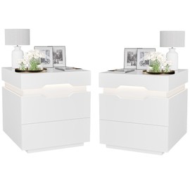 YESHOMY Nightstand with LED Light and Charging Station, Endtable with 2 Drawers, Bedside Table with Large Capacity, for Bedroom, Set of 2, 21.2" Height, White