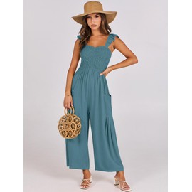 ANRABESS Women Summer Casual Dressy Sleeveless Smocked Wide Leg Linen Jumpsuits Rompers 2024 Trendy Travel Outfit Pocket Gray Blue Small