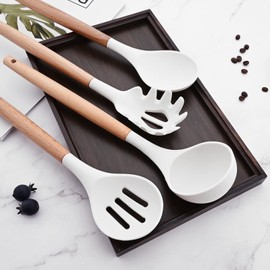 BRIIEC 1pc White Silicone Slotted Spoon with Wooden Handle, Heat Resistant Cooking Utensils, Mixing Spoon, Cooking Backing Spoons Set for Stirring, Mixing and Serving