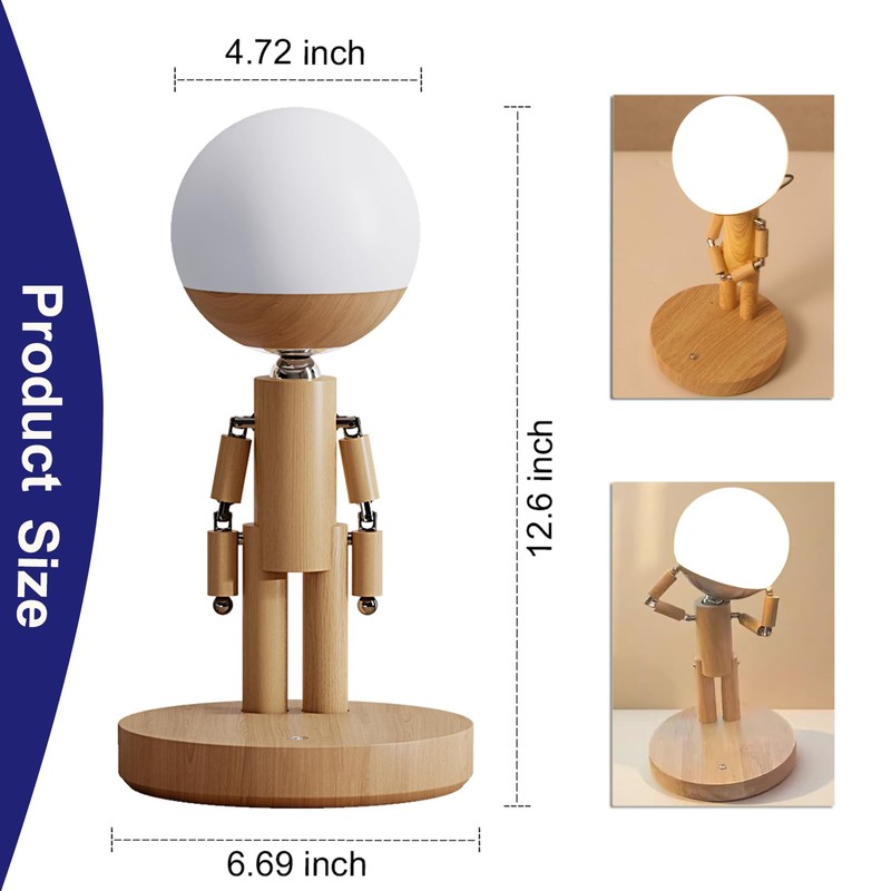 GZAODMCP Robot LED Table Lamp Wooden with Adjustable Arm Rechargeable