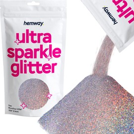 Hemway Premium Ultra Sparkle Glitter Multi Purpose Metallic Flake for Arts Crafts Nails Cosmetics Resin Festival Face Hair - Silver Holographic - Microfine (1/256" 0.004" 0.1mm) 100g / 3.5oz