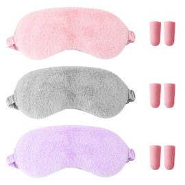 Eye Mask for Sleeping, 3 Pcs Plush Sleep Masks with 6 Ear Plug, Sleeping Masks for Women, Blackout Eye Mask for Sleeping, Multicolor Warm Fluffy Eye Covers for Travel Nap