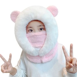 ITODA 2 in 1 Kids Balaclava Fleece Hat Neck Warmer Cute Winter Warm Hood Hat Boys Girls Winter Cap Ski Hat Fleece Earflap Cap with Neck and Face Cover Mask for Kids 4-9 Years Old Pink