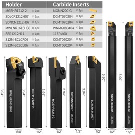 Metal Lathe Cutting Tools - 7PCS 1/2" Indexable Lathe Turning Tool with 7pcs Indexable Carbide Inserts for Turning Grooving Boring Threading Cutting