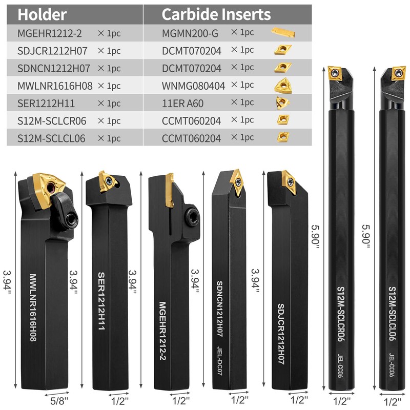 Metal Lathe Cutting Tools - 7PCS 1/2" Indexable Lathe Turning