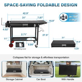 IRONWALLS Outdoor Grill Table Cart, 31"L x 17" W Folding Grilling Cart with Wheels, Portable Griddle Stand Pizza Oven Table, Food Prep Table, Wood-fire Grill Stand for Barbecue, Camping