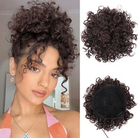 FDEETY Messy Bun Short Curly Ponytail Extension Synthetic Hair Scrunchies Large Bun Hairpiece with Hair Clip Clip Drawstring Loose Hair Bun Hair Extension (Brown)