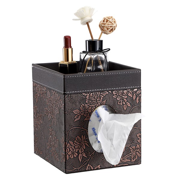 SUMNACON PU Leather Square Tissue Paper Box Holder Cube Facial Tissue Holder, Household Tissue Cover Box with Top Trinket Tray for Napkin, Facial Tissue (Vintage Pattern)