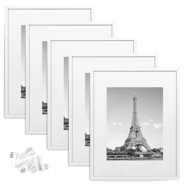 upsimples 16x20 Picture Frame Set of 5, Display Pictures 11x14 with Mat or 16x20 Without Mat, Wall Gallery Poster Frames, White