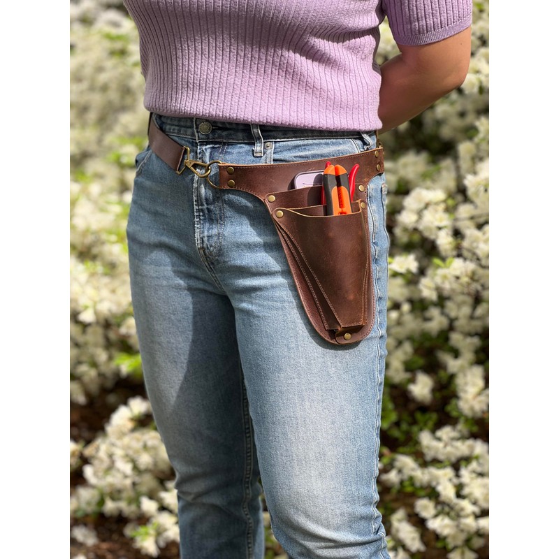 Garden Tool Belt, Handmade Premium Leather with Pouches Pockets Holster