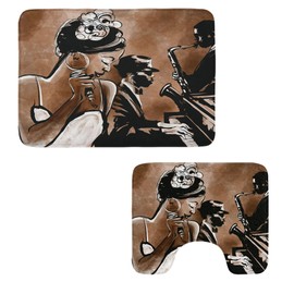 Ambesonne Jazz Bathroom Rug Set 2 Pieces, Musicans Singing Woman and Piano Saxophone Player Men, Water-Resistant Rectangle Floor Rug & U-Shape Contour Mat, Charcoal Grey Umber