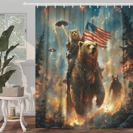 Funny Bear Shower Curtain for Boys Kids, Cool Cat Riding Bear on Rustic Cabin Forest Woodland Hilarious Shower Curtain, Funky Anime UFO Spaceship Animal Shower Curtain Fabric 12PCS Hooks, 70X70IN