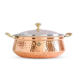 IndianArtVilla Hammered Steel Copper Casserole Donga Bowl with Glass Lid,Serveware & Tableware,74 OZ
