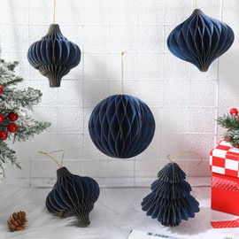 Amyhill 20 Pcs Christmas Honeycomb Ornaments Glitter Edge Christmas Tree Decorations Xmas Hanging Paper Ornament for Vintage Christmas Tree Holiday Home Party Decor (Haze Blue)