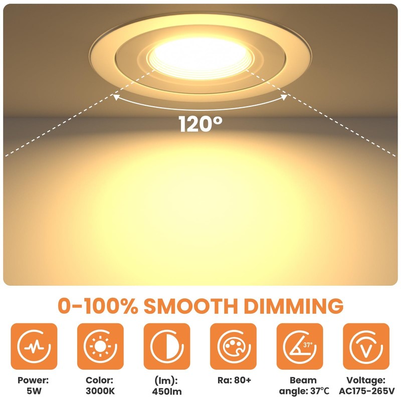 5W LED Recessed Ceiling Light Dimmable IP44 Spotlight,3CCT 2700-3000K,90-100mm Cutout