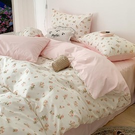 Lanqinglv Duvet Cover 200 x 200 cm Pink Leaf Floral and White Bedding Botanical Zipper Bedding Double Adult with 2 Pillowcases 65 x 65 cm