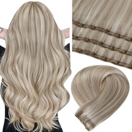 LaaVoo Micro Bead Hair Extensions Real Human Hair Weft Extensions Ash Blonde Highlighted Bleach Blonde Beaded Weft Hair Extensions Microbead Hair Extensions Real Human Hair 50G 20Inch