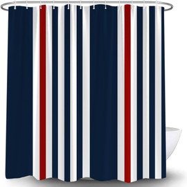 QSSMQS Navy Blue Red Striped Shower Curtain Modern Abstract Vertical Stripes Geometric Minimalist Vintage Aesthetic Rustic Farmhouse Curtain Set with Hooks