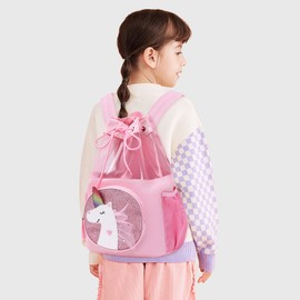 mygreen Unicorn Gifts for Girls - Unicorn Bag, Children Boy Girl Unicorn Print Drawstring Backpack Outdoor Casaul Portable Shoulder Bag Swim Gymsack Sack Pack Pink Lace Mesh
