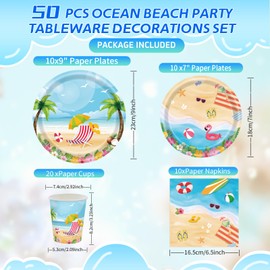 CANCJ Summer Party Tableware Set, 50-Piece Beach Party Set with Plates, Cups & Napkins, Disposable Tableware for Children's Birthday & Summer Party Decorations