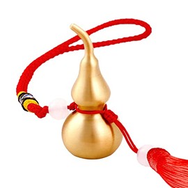 PAKUNDAS Feng Shui Hanging Ornaments Decor,Wu Lou Golden Gourd,with Red Luck Strip Tassel Treasure for Ideal Car Pendant,Bedroom,Door,Desk lamp,Bring Good Luck,Safty,Healthy,2.16inch Tall,Full Brass