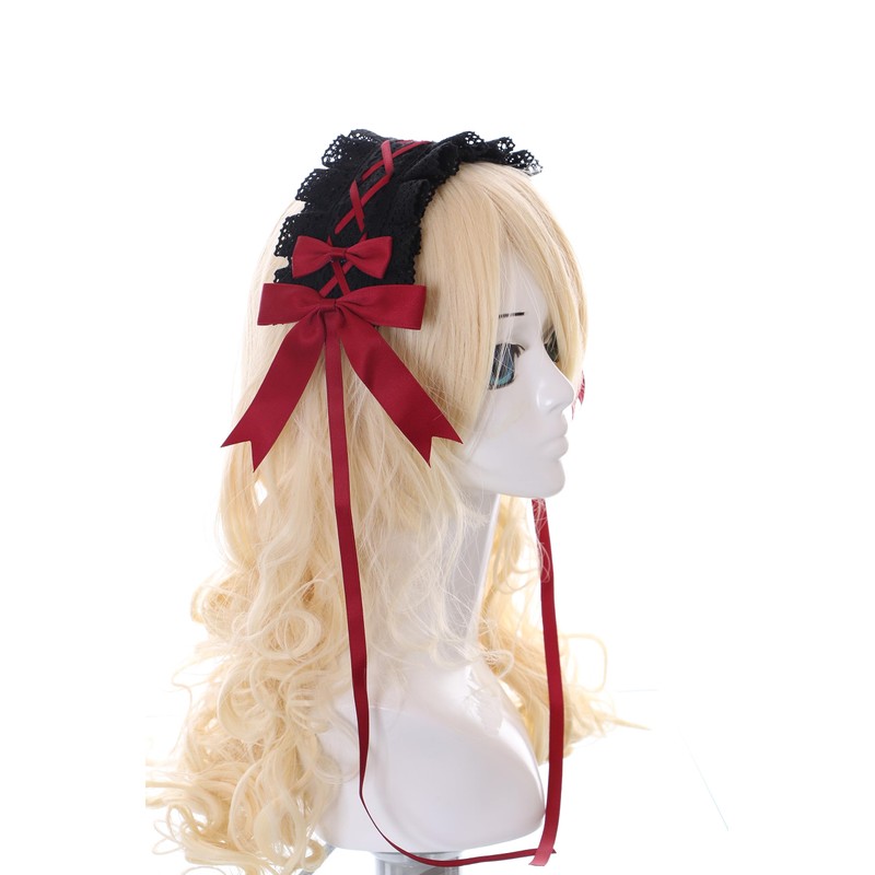 C-07-3 Black Red Maid Lolita Headband with Bow Gothic Hair