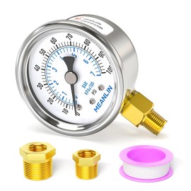 MEANLIN MEASURE 0~100Psi Dry Pressure Gauge Stainless Steel 1/8" NPT 2" FACE DIAL Waterproof for Well Pump Water Tire Water Pressure Tester Lower Mount with 1/4" NPT and 3/8" NPT Hex Bushing
