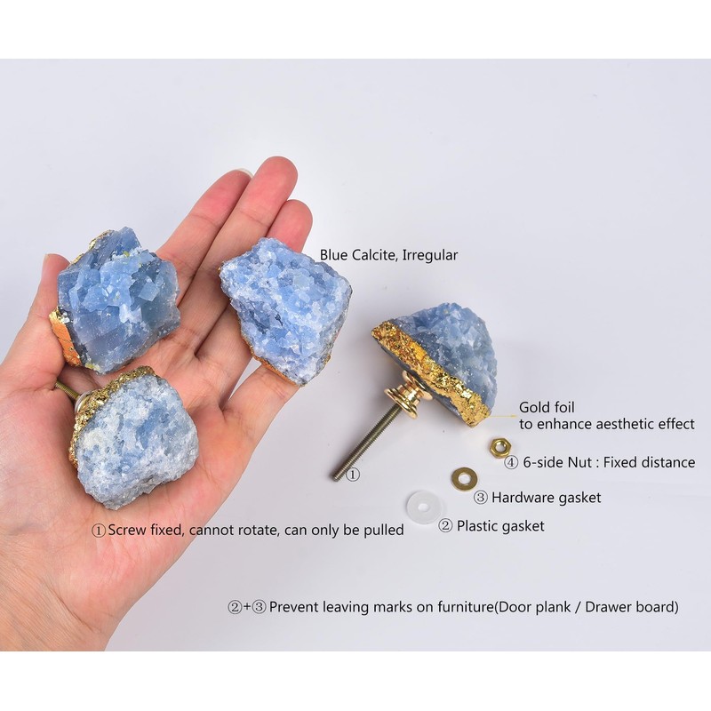 AMOYSTONE Blue Crystal Stone Knobs for Cabinets, Natural Stone Drawer