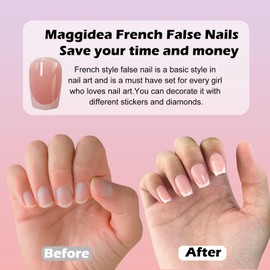 Maggidea French Press on Nails Set, 240Pcs Fake Nails French Tip Nude Color False Nail Glossy Full Cover Glue on Nails Ballerina Nail Art Manicure Decorations for Girls Women (French-Short Ballerina)