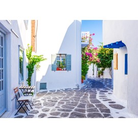 CORFOTO 7x5ft Fabric Greece Backdrop for Photography Famous Greek Island Whitewashed Dotted Alley Old Town Street Background for Europe Themed Party Decor Birthday Wedding Photo Studio Props