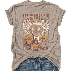 Rock Band T-Shirt Women Country Music Shirt Tops Nashville Music City Tshirt Vintage Guitar Wings Graphic Tees(A1Beige1,S)
