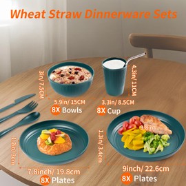 64PCS Wheat Straw Dinnerware Set for 8 BPA Free Kitchen Unbreakable Set for Home Outdoor Camping