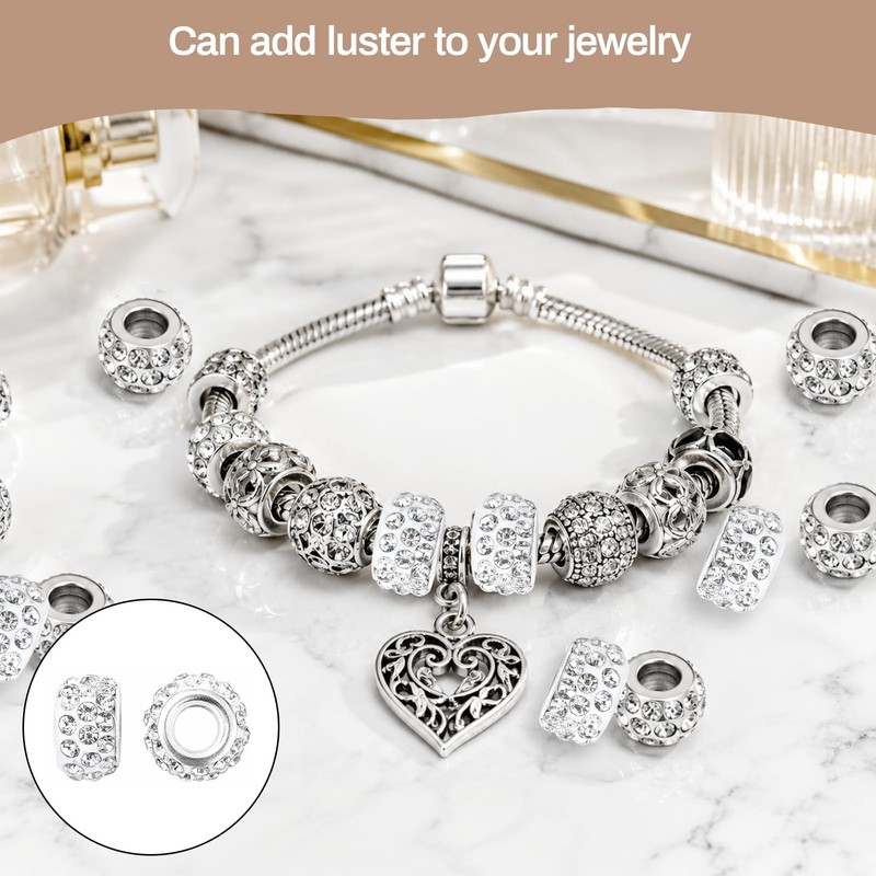 100PCS Rhinestone European Beads, Crystal and Polymer Clay Large Hole