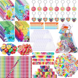 178 Pcs Tie Dye Party Favors Bulk Rainbow School Stationery Set with Slap Bracelets Mini Notebooks Stickers Pencils Heart Eraser Sharpener Keychains for Kids Students Class Reward Prize Supplies