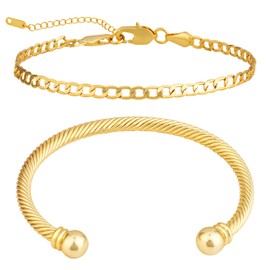 AWARDSEN Ladies Bracelets 2 Pcs Gold Bracelet for Women Cuff Bangles Set Stainless Steel Chain 18+5 CM for Women Men Unisex Gift