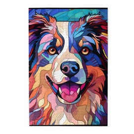 Australian Shepherd Dogs Lovers Stained Colorful Glass 1000 Pieces Art Painting Wooden Puzzle for Kids Adults, Birthday Mother's Father's Day Christmas for Dad Mom Son Daughter