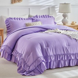 Purple Ruffle Comforter Set Twin Size, 3 Pieces Vintage Farmhouse Shabby Chic Comforters, Solid Color Lightweight Soft Fluffy Bedding Sets for Kids (1 Ruffled Comforter + 2 Pillow Shams)