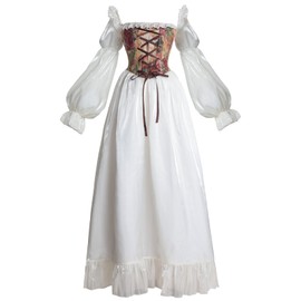 Fiamll Victorian Rococo Medieval Queen Costume Women's Puff Sleeves with Floor Length Dresses Carnival Theme Party, White, XXXL
