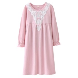 Big Girls' Princess Nighties Lace Sleep Shirts Long Sleeve Solid Pink 8