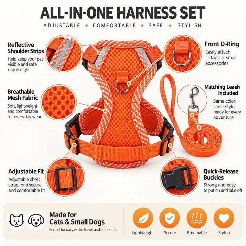 Breathable Mesh Pet Harness with Leash for Cats & Small