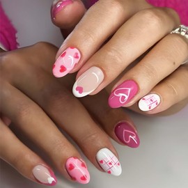 Pink Almond Fake Nails Valentine's Day Press on Nails French Tip False Nails with Heart Design Medium Acrylic Nails Artificial Nails Glossy Glue on Nails Stick on Nails for Women Manicure Art 24Pcs