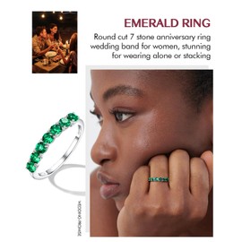 DAYBYDAY 925 Sterling Silver Emerald Ring May Birthstone Ring Women's Wedding Bands 7 Stone Green Eternity Band Ring Size 8