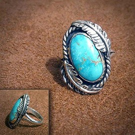 LRGKMCWTOB Vintage Turquoise Ring Sterling Silver Leaf Native Gem Ring for Women Boho Faux Dainty Classic Antique Natural Style Female Ring Princess Promise Statement Ring for Cocktail, Size 7, Silver
