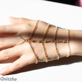 Quizzhe Statement Finger Ring Bracelet Boho Slave Hand Harness Finger Ring Bracelet Adjustable Vintage Layered Tassel Crystal Chain Trendy Pop Celebrity Jewelry Gifts for Women