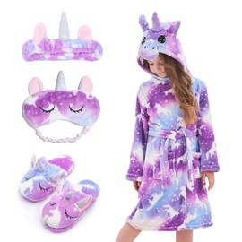 Piefry Girls Soft Unicorn Hooded Bathrobe with Unicorn Slippers, Blindfold and Headband - Gifts for Girls, Purple Unicorn
