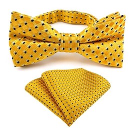 Men's Gold Yellow Gingham Pre-Tied Bow Tie with Matching Pocket Square Set for Wedding Party