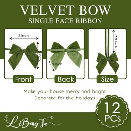 LiBongTa 12 PCS Moss Green Bows 5" Velvet Ribbon Bow, Christmas Bow and Ribbon Set, Christmas Bow for Gift Wrapping, Wreaths, Tree Decor, Bow Decorations for Party, Gift Bags, Cards