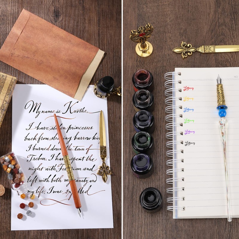 Junhartt Quill Feather Pen and Ink Set, Calligraphy Pen Glass